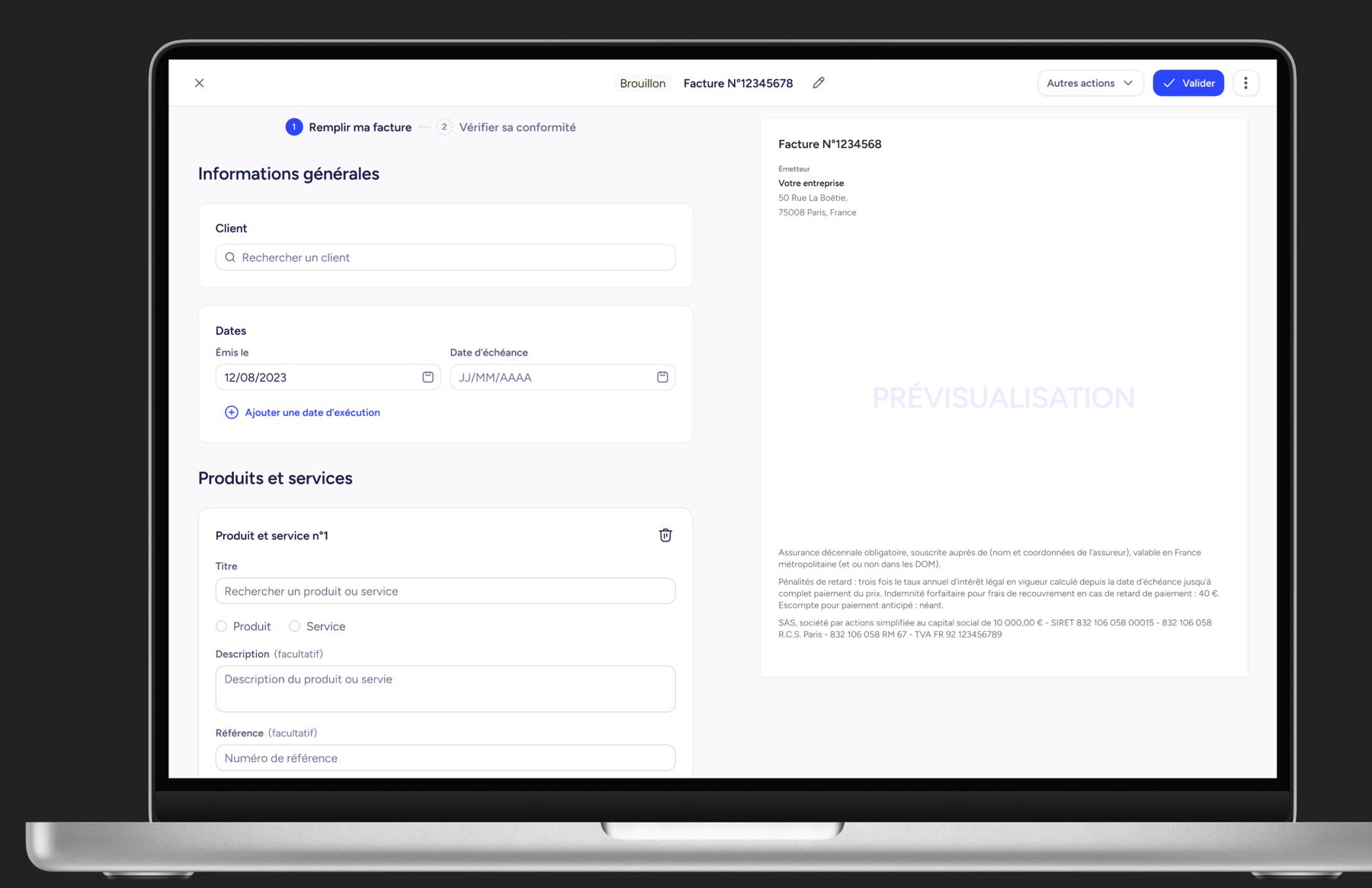 Kolecto billing module: filling in and checking the compliance of an invoice