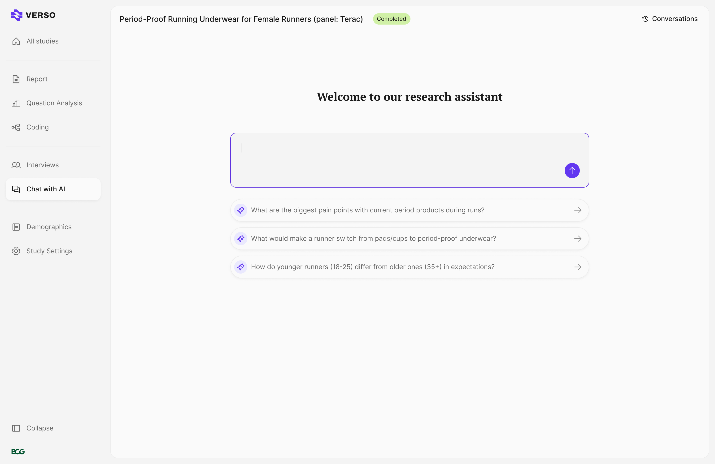 Verso research assistant welcome screen
